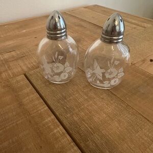 Vintage Crystal Salt and Pepper Shakers with Etched Bird Floral Design
